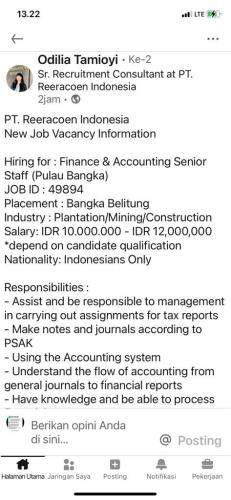 info Loker Finance & Accounting Senior Staff-Pulau Bangka