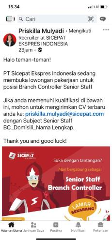 info Loker Senior Staff Branch Controller @sicepatexpres-Pangkalpinang