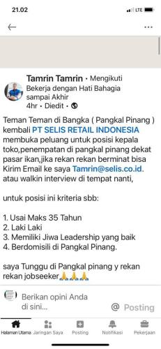 info Loker Kepala Toko @PT Selis Retail Indonesia-Pangkalpinang