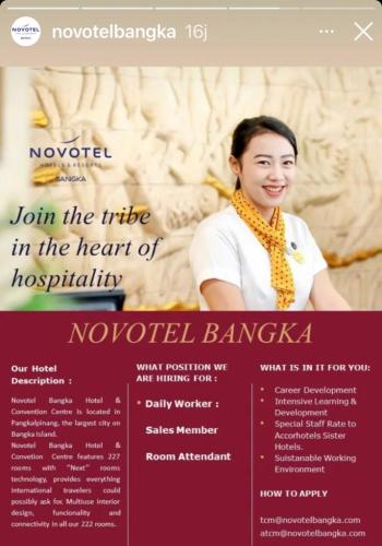 info Loker Daily Worker,Sales Member & Room Attendant @Novotel  Bangka
