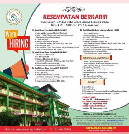 info Loker Tata Usaha,Guru Kelas TKIT & Guru kelas KBIT @yayasan Al-Mansyur Bangka Belitung