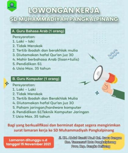 info Loker Guru Bahasa Arab & Guru Komputer @SD Muhammadiyah-Pangkalpinang