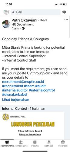 info Loker Internal Control Supervisor & internal Control Staf-@ Mitra Stania Prima