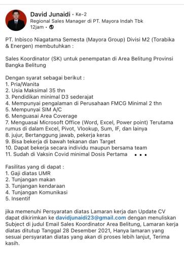 info Loker Sales Koordinator @PT inbisco Niagatama semesta(mayora grup)divisi M2(torabika & energen)-penempatan Belitung
