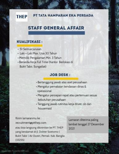 info Loker Staff General  Affair @ PT THEP-Bangka 