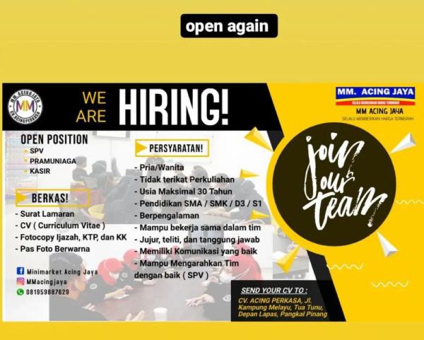 info Loker SPV,Pramumiaga & Kasir @mmacingjaya-Pangkalpinang