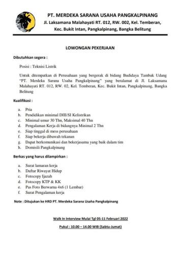 info Loker Teknisi Listrik PT Merdeka Sarana Usaha Pangkalpinang