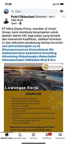 info Loker Admin HR-PT Mitra Stania Prima-Bangka