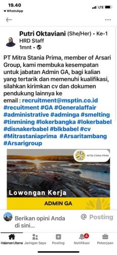 info Loker Admin GA-PT Mitra Stania Prima-Bangka