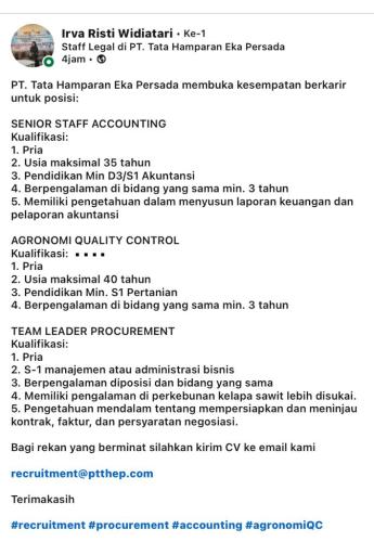 info Loker senior staff Accounting,agronomi Quality control & team Leader procurement -Bangka Belitung