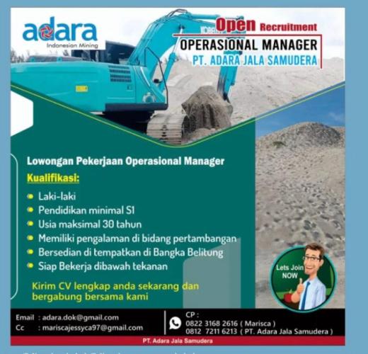 info Loker Operasional Manager-PT ADARA JALA SAMUDERA-Bangka Belitung