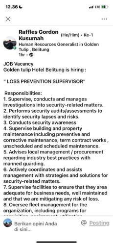 info Loker Loss Prevention Supervisor-Golden Tulip Hotel Belitung