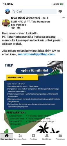 info Loker Asisten Traksi-PT Tata Hamparan Eka Persada-Bangka