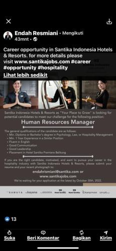 info Loker Human Resources Manager-Hotel Santika Premier Belitung