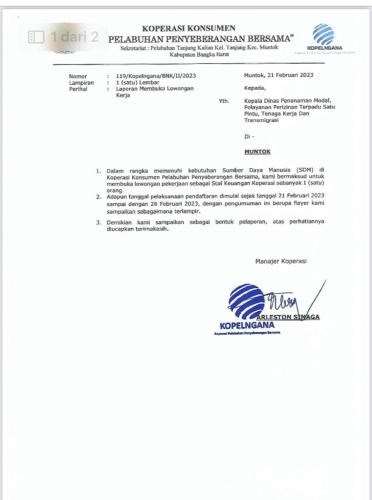 info STAF AKUNTANSI/KEUANGAN-Koperasi Konsumen Pelabuhan Penyeberangan Bersama-Tanjung Kalian Muntok