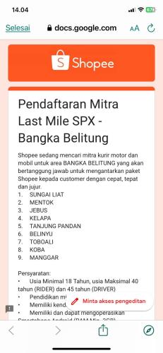 info MITRA & DRIVER-Last Mile-Shopee Xpress-Bangka Belitung