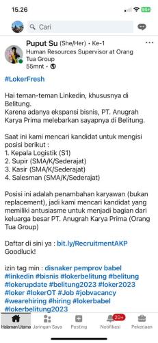 info KASIR,KEPALA LOGISTIK DEPO,SALESMAN & SUPIR-PT ANUGRAH Karya Prima-Belitung 