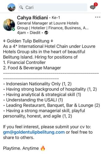info Loker FINANCIAL CONTROLLER  & FOOD-BEVERAGE-Golden Tulip Belitung