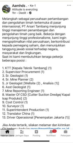 12 posisi info kesempatan kerja di PT ARSARI TAMBANG-Bangka