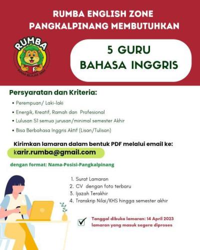 info kesempatan kerja posisi GURU BAHASA-RUMBA karir Pangkalpinang
