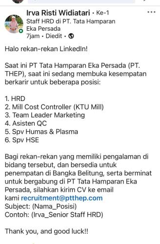 info HRD,MiLL Cost Controller/KTU MiLL,Team Leader Marketing,Asisten QC,SPV Humas-Plasma & SPV HSE-PT THEP
