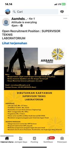 Info SUPERVISOR TEKNIS LABORATORIUM-Arsari Tambang Bangka