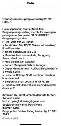 info Loker iT Support-Trans Studio Mini Pangkalpinang