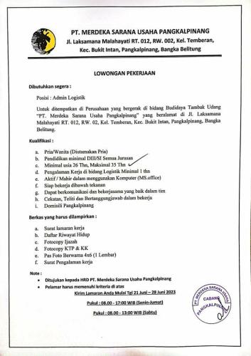 info Loker Admin Logistik dan Teknisi Listrik-PT Merdeka Sarana Usaha Pangkalpinang