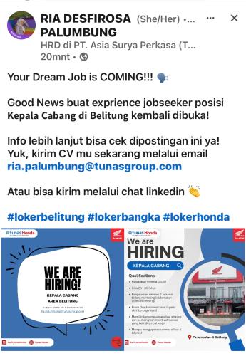 info Loker Kepala Cabang Area Belitung-PT Asia Surya Perkasa/Tunas Honda