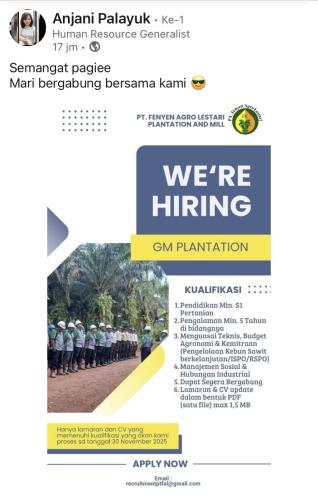 info Loker GM PLANTATION-PT FENYEN AGRO LESTARI-Bangka
