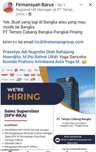 info Loker Sales Supervisor-PT TEMPO CABANG Bangka