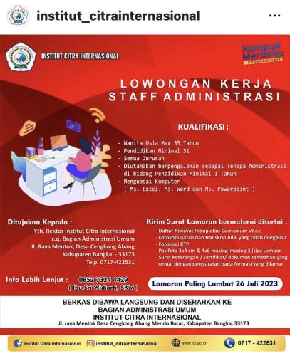 info Loker Staf Administrasi-Institut Citra Internasional-Bangka Belitung