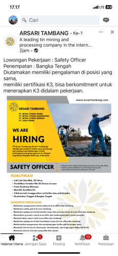 info Loker Safety Officer-Arsari Tambang Bangka