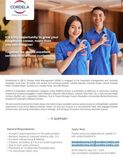 info Loker iT support-Cordela Hotel-Pangkalpinang