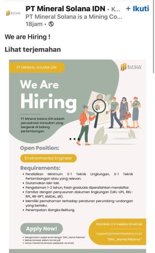 info Environmental Engineer-PT Mineral Solana IDN-Babel