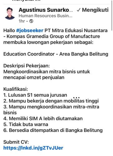 info Loker Education Coordinator-PT MITRA EDUKASI NUSANTARA-Penempatan Bangka Belitung