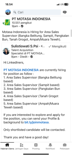 info Loker Area Sales Supervisor-PT Motasa indonesia