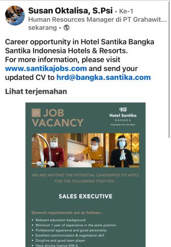 info Loker Sales Executive-Hotel Santika Bangka