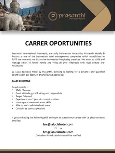 info Loker Sales Executive-Lalucia Hotel-Belitung