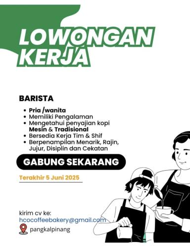 info Loker Kasir,Waiters & Barista-Coffee Bakery-Pangkalpinang
