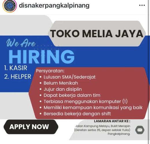 info Loker kasir & Helper-Toko Melia Jaya-Pangkalpinang