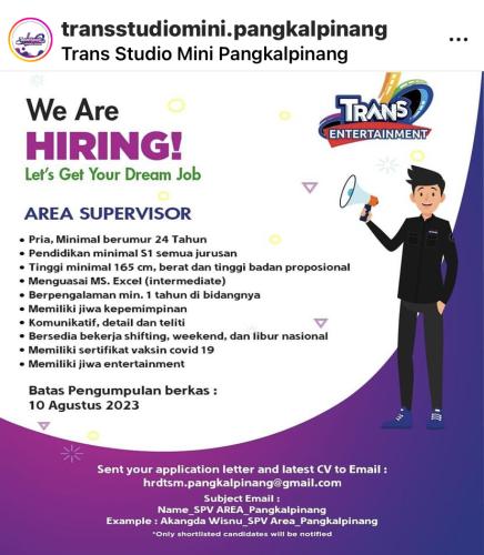 info Loker Area Supervisor-Trans Studio Mini Pangkalpinang