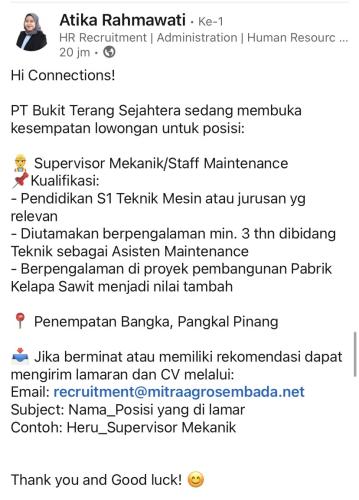 info Loker Supervisor Mekanik/Staf Maintenance-PT Bukit Terang Sejahtera-Pangkalpinang
