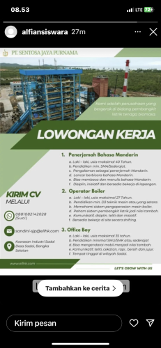 info Loker Operator Boiler,Office Boy & Penerjemah Bahasa Mandarin-PT SENTOSA JAYA PURNAMA