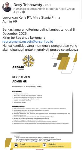 info Loker ADMIN HR & Admin GA - PT MITRA STANIA PRIMA-Bangka