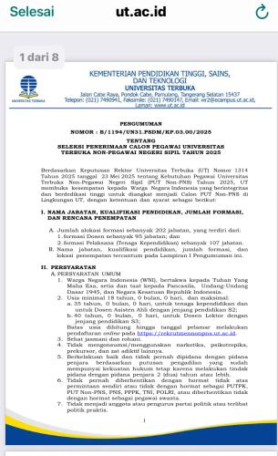 info Loker Lektor/Asisten Ahli-Penempatan Universitas Terbuka Pangkalpinang