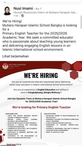 info LOker  Primary English Teacher-MUTIARA HARAPAN ISLAMIC SCHOOL-Pangkalpinang
