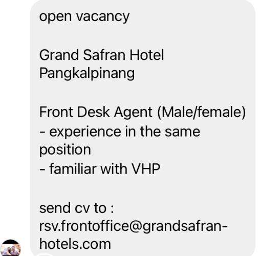 info Loker FRONT DESK Agent(Male/female)-Grand Safran Hotel Pangkalpinang