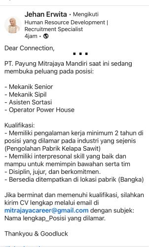 info Loker Mekanik Senior,Mekanik Sipil,Asisten Sortasi & Operator Power House-