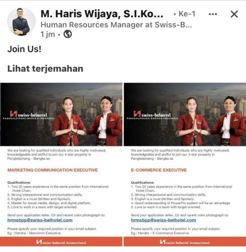 info Loker SWISS BEL HOTEL-Pangkalpinang